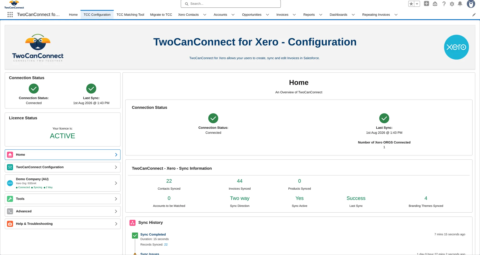 Configuration home — connected and syncing