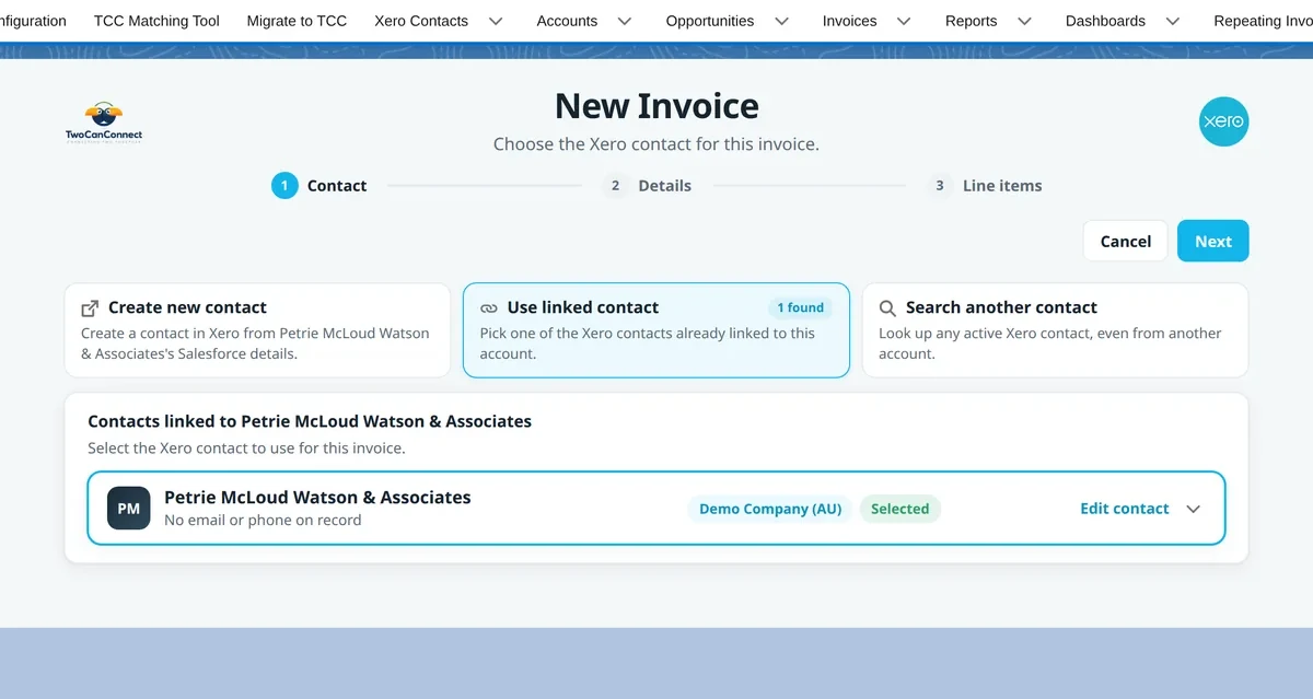 New invoice from an Opportunity — choose the Xero contact