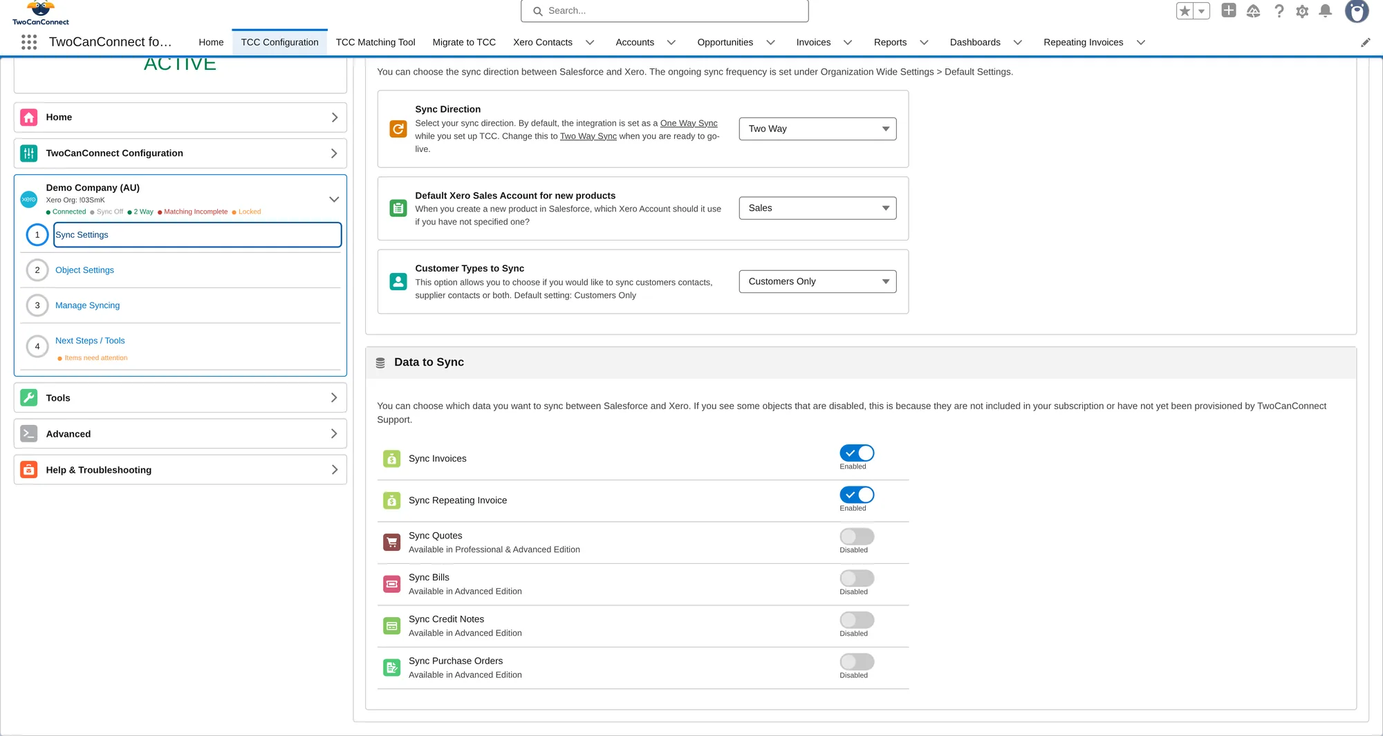 The data to sync screen