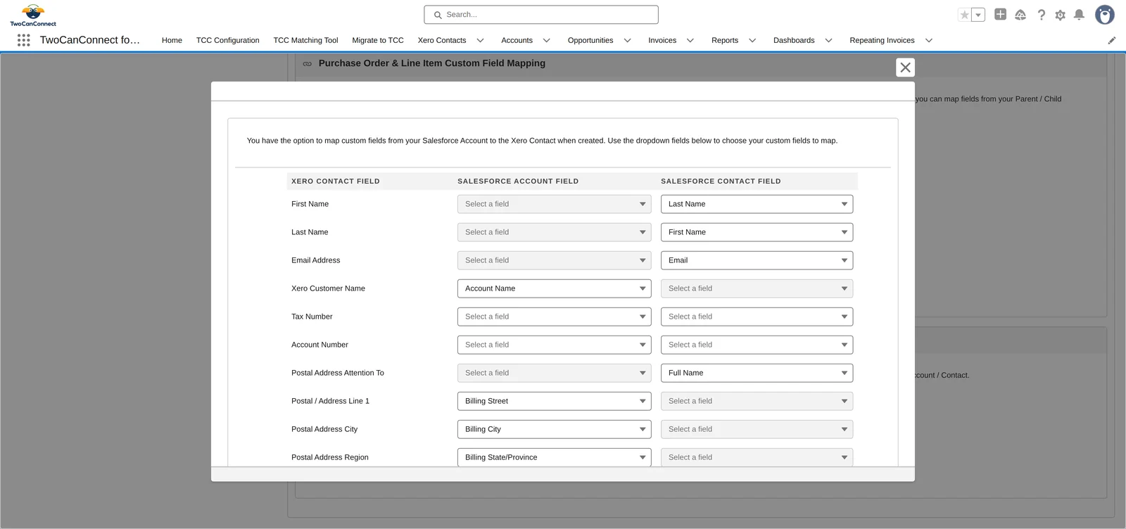 The Account and Contact mapping editor: three columns — Xero Contact Field, Salesforce Account Field, Salesforce Contact Field — with First Name, Last Name and Email from the Contact and Xero Customer Name and address fields from the Account