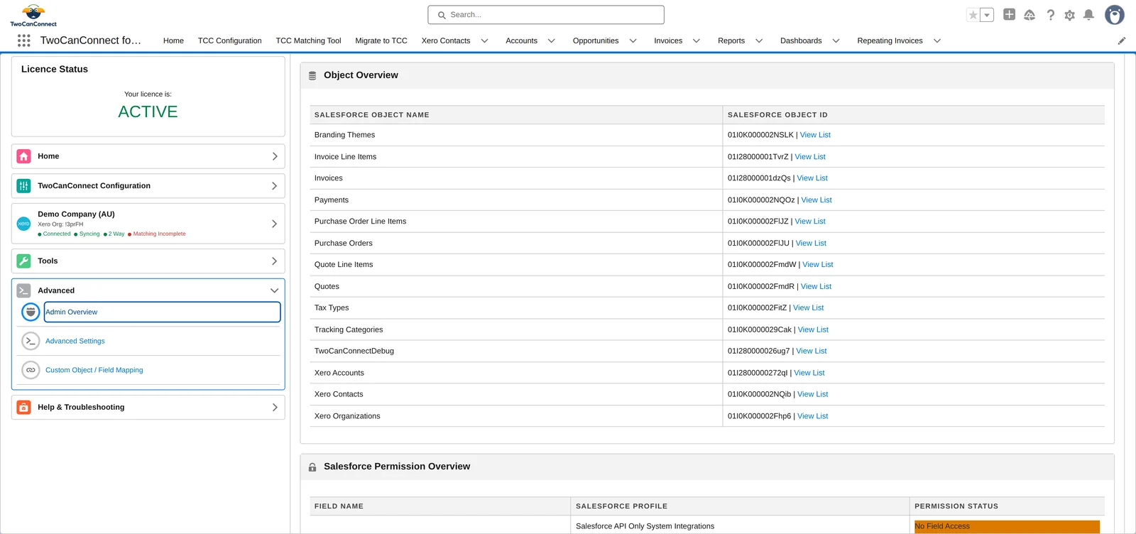 The Admin Overview screen showing synced objects and permissions
