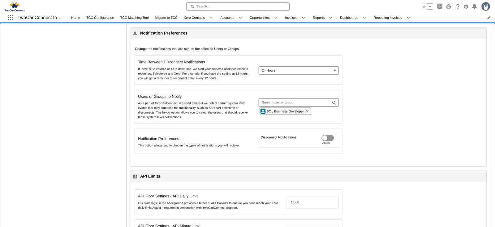 Notification Preferences: Time Between Disconnect Notifications, Users or Groups to Notify, and the Disconnect Notifications toggle