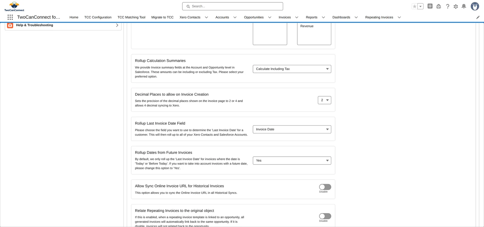 The Rollup Calculation Summaries, Decimal Places, Rollup Last Invoice Date Field and Rollup Dates from Future Invoices settings