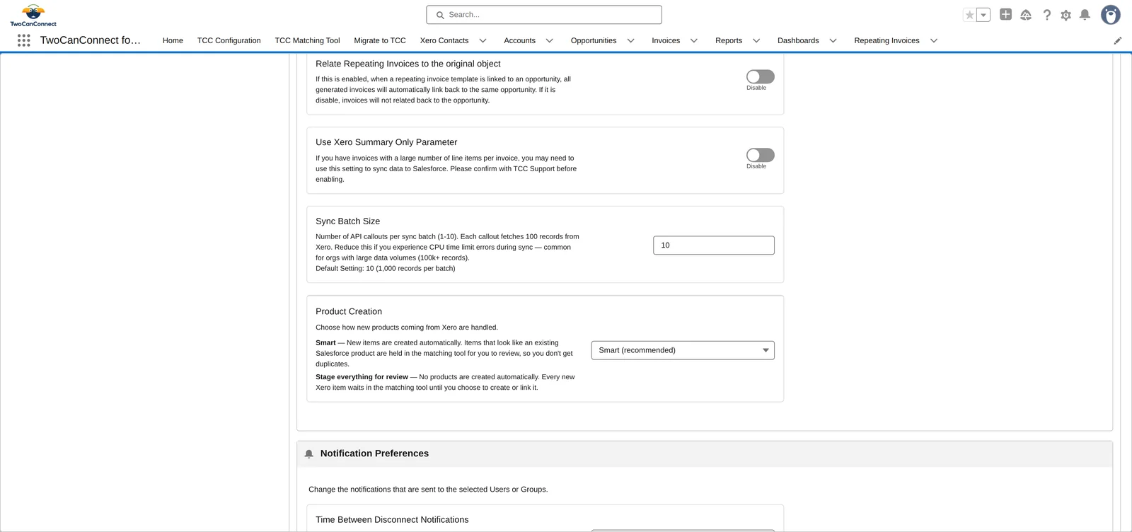 Use Xero Summary Only Parameter, Sync Batch Size and Product Creation settings