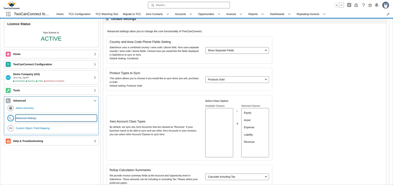 The top of Advanced Settings: the Default Settings card with Country and Area Code Phone Fields Setting and Product Types to Sync