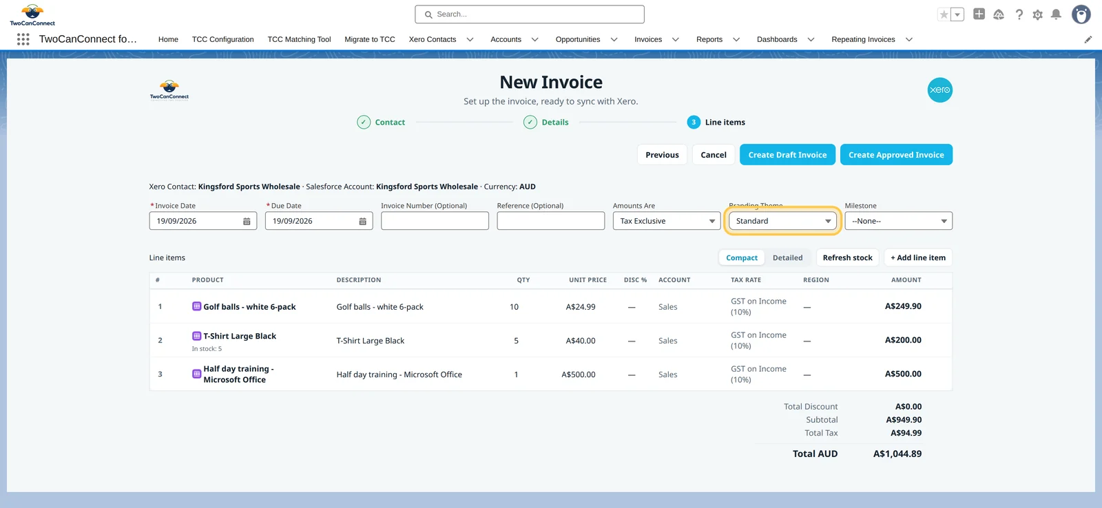 The invoice details screen with the Branding Theme dropdown highlighted, set to Standard