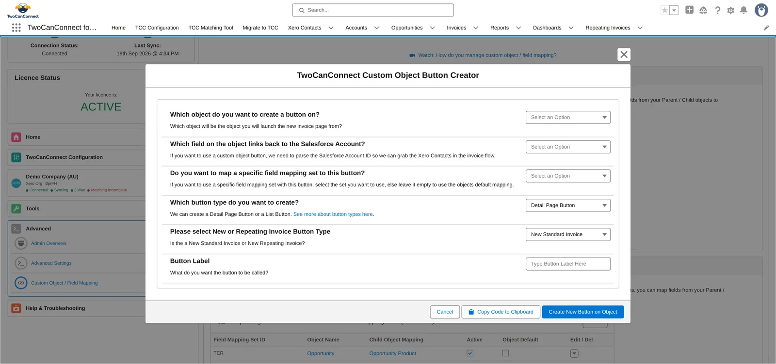 The TwoCanConnect Custom Object Button Creator: object to create the button on, the field linking back to the Account, an optional mapping set, button type, invoice type and button label