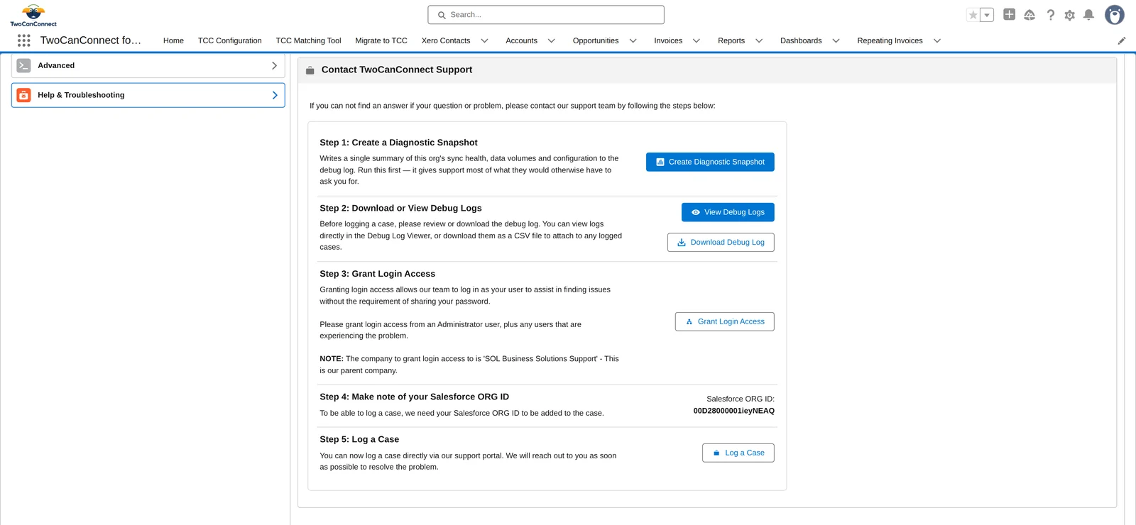The Help and Troubleshooting screen: Visit Support Portal, Use the Self-Diagnose Tool, and the five numbered steps for logging a case