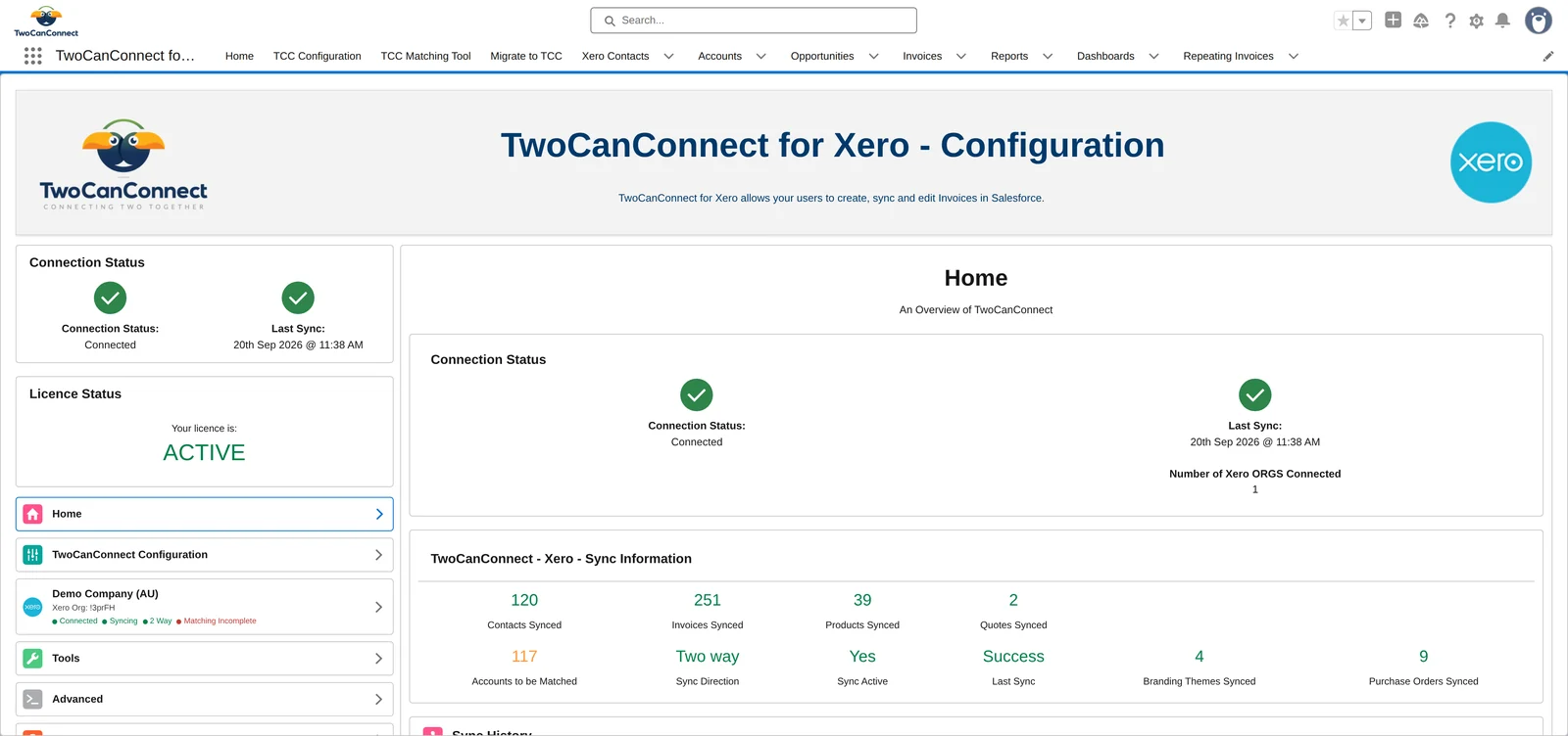 The TwoCanConnect for Xero configuration home screen