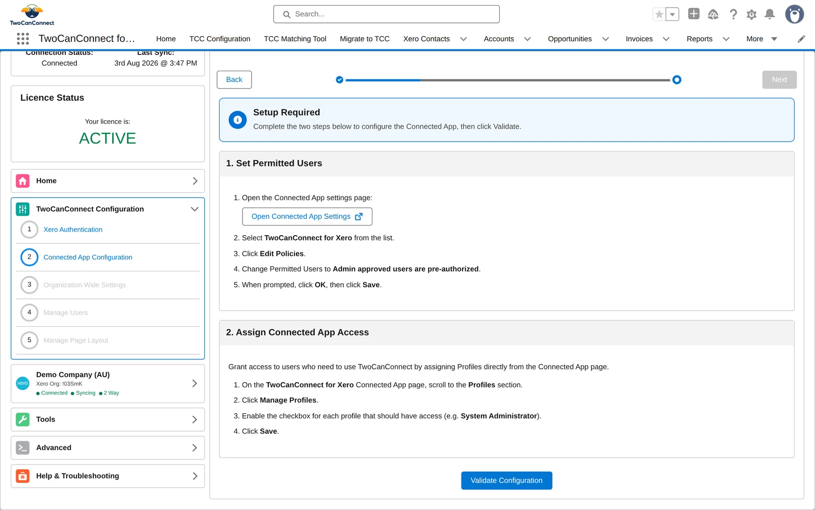 The assign Connected App access step and the Validate Configuration button