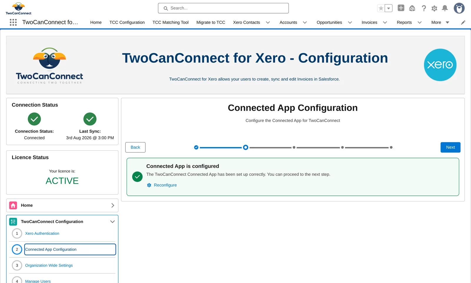 The Connected App Configuration screen showing a configured state