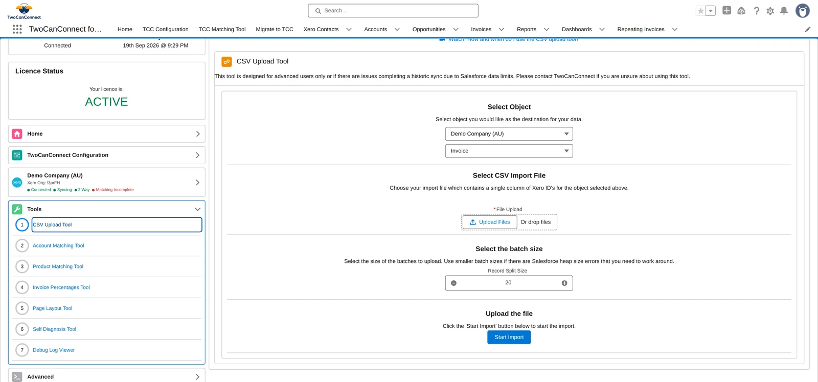 The CSV Upload Tool: Select Object with the Xero organisation and Invoice chosen, Select CSV Import File, batch size of 20, and Start Import