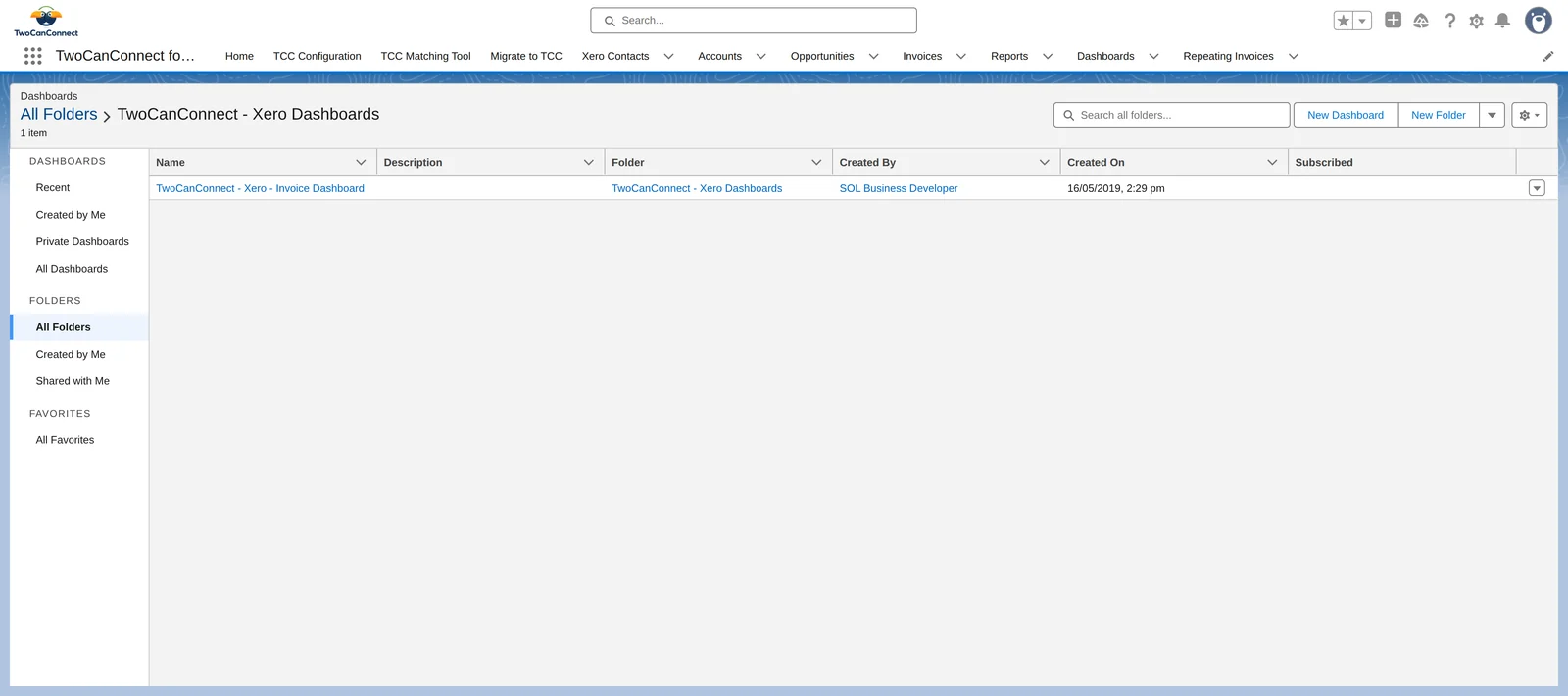 The TwoCanConnect - Xero Dashboards folder with the Invoice Dashboard