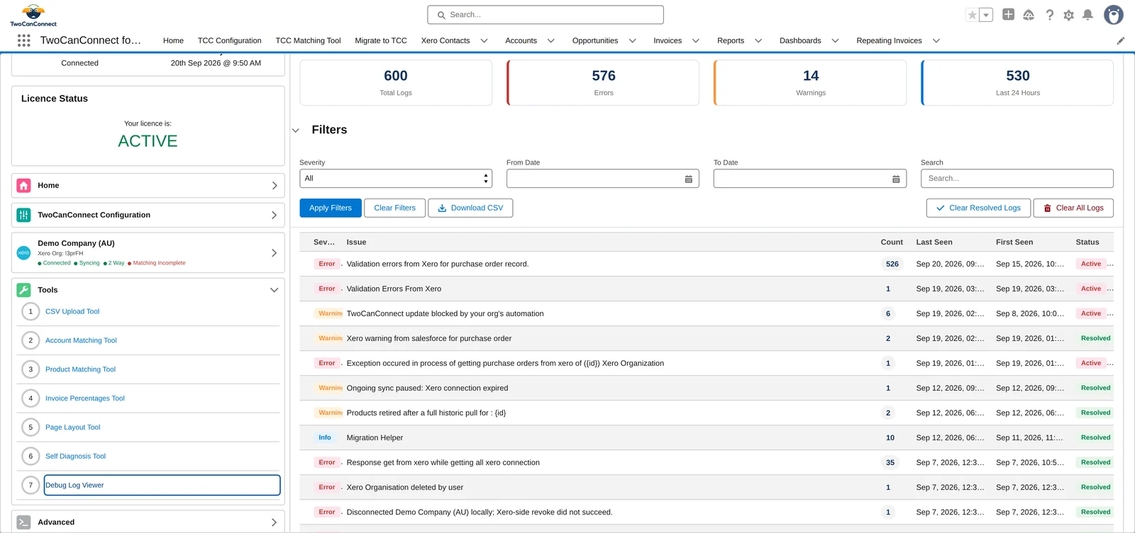 The Debug Log Viewer showing log counts, filters and grouped issues