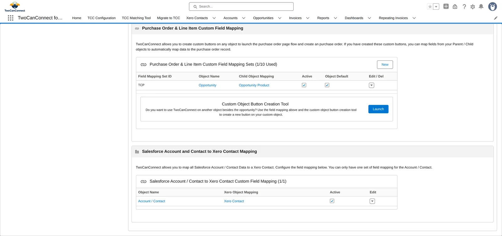 The Purchase Order card and, below it, the Salesforce Account and Contact to Xero Contact Mapping card with its single Account / Contact → Xero Contact row