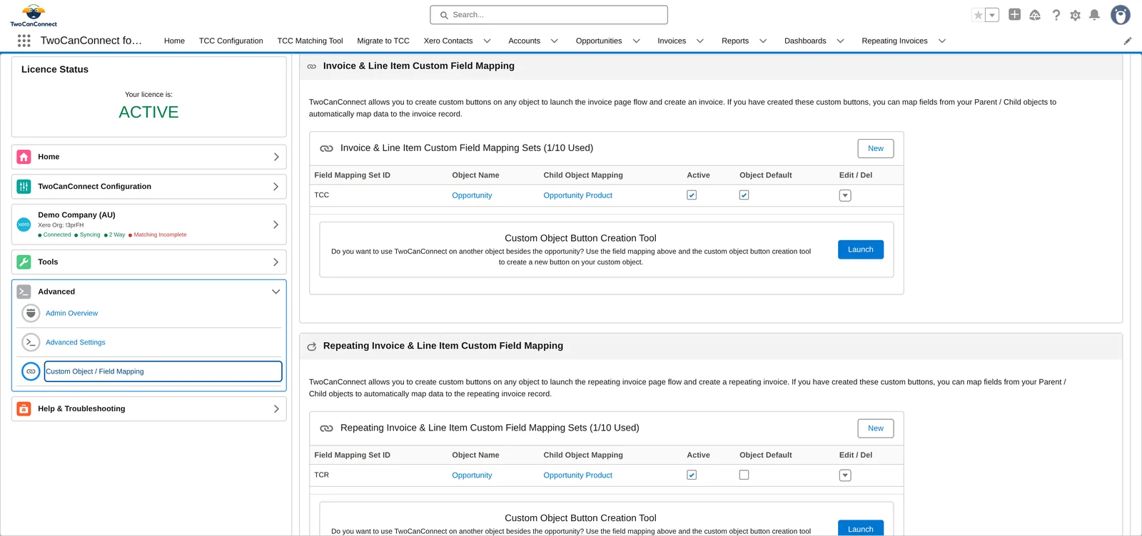 The Custom Object / Field Mapping screen showing the Invoice & Line Item mapping sets table with the TCC set, and the Custom Object Button Creation Tool beneath it