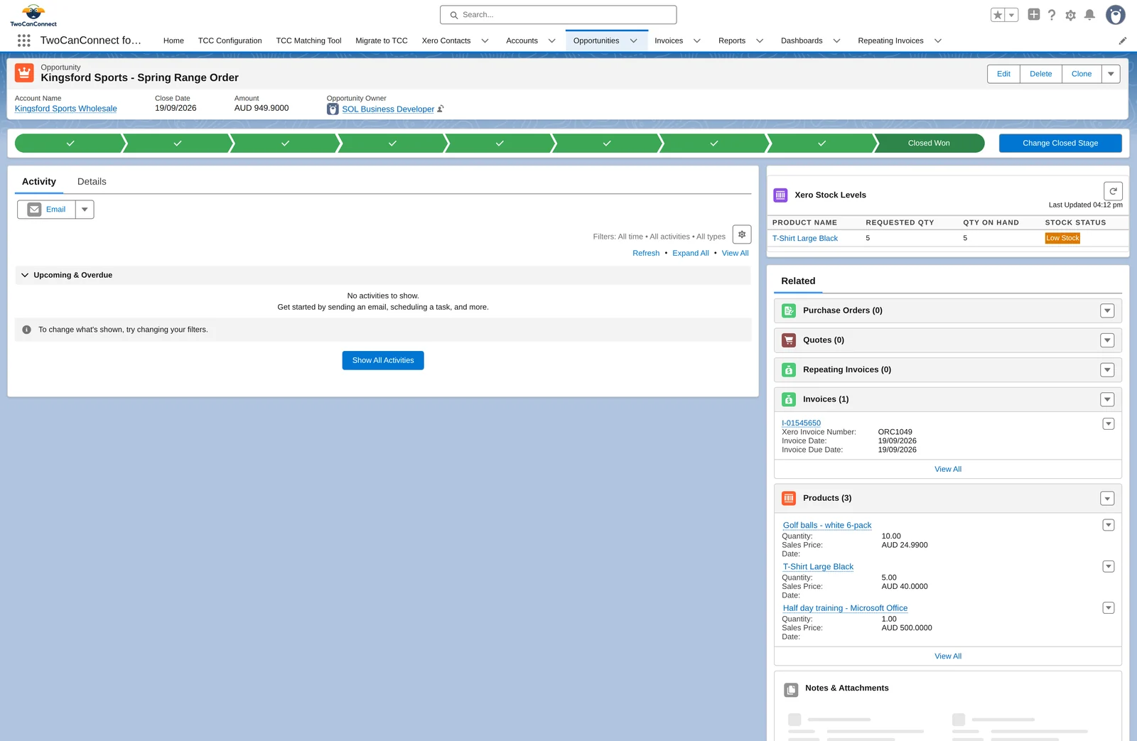 The Opportunity record with the new invoice listed under Invoices, showing its Xero invoice number