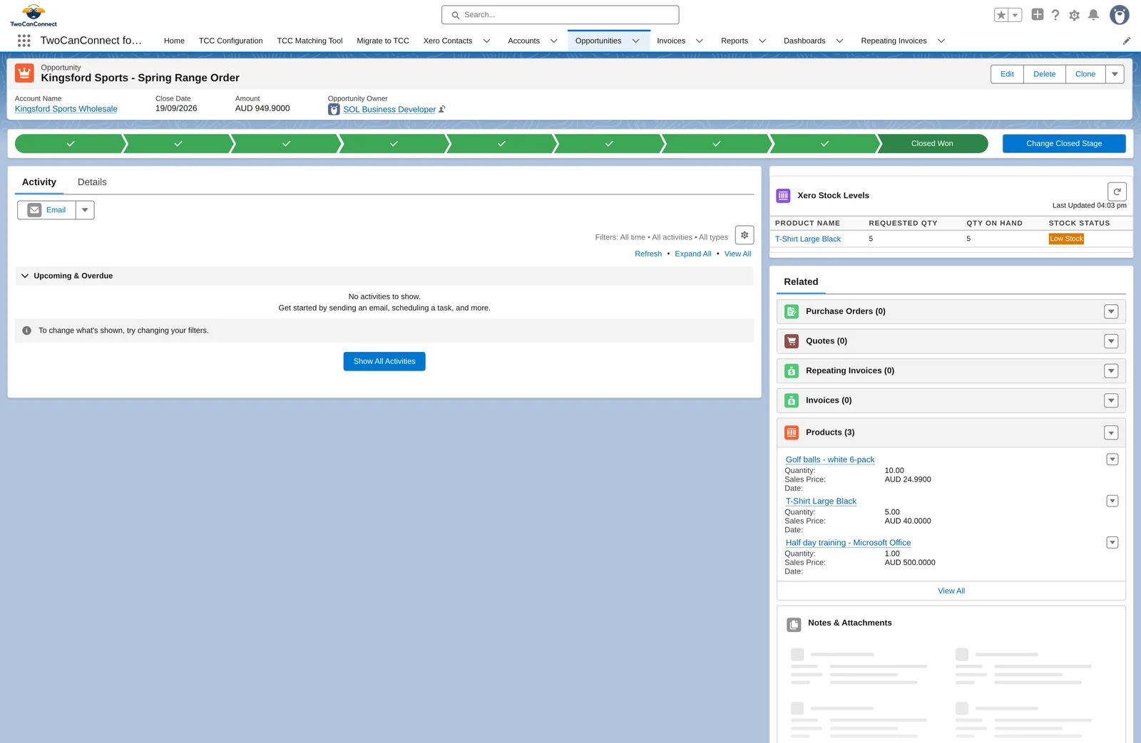 An Opportunity record with three Products in its related list and an empty Invoices related list