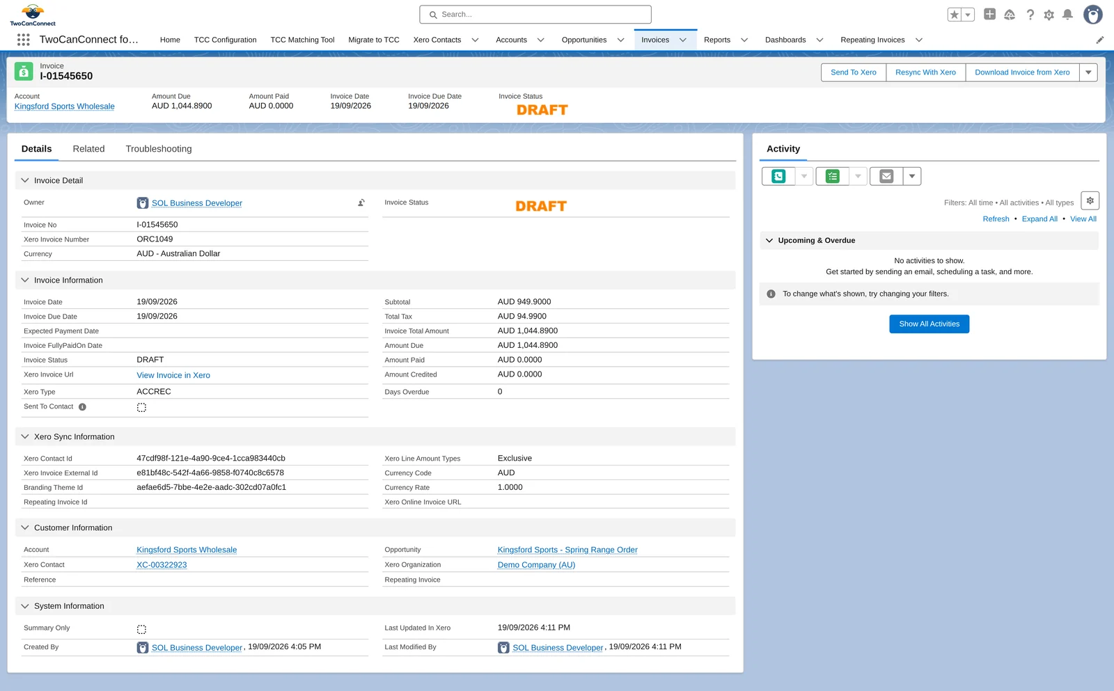 The same Invoice record after syncing: status DRAFT, Xero Invoice Number ORC1049, a View Invoice in Xero link, and the Xero contact and invoice ids filled in