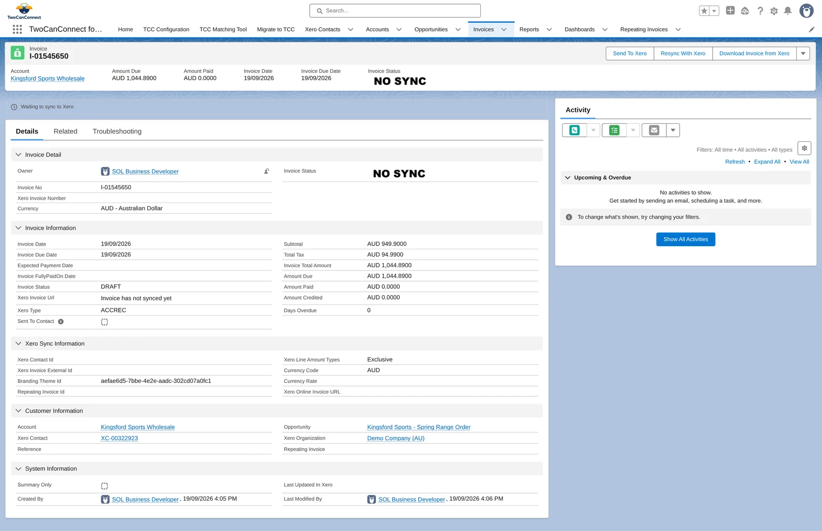 The new Invoice record showing NO SYNC status and a Waiting to sync to Xero bar, with Send To Xero, Resync With Xero and Download Invoice from Xero buttons