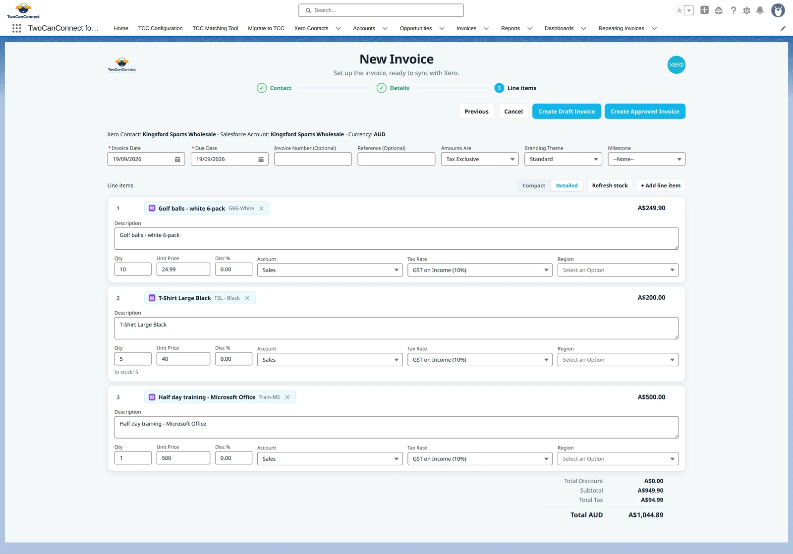 The Detailed line items view: each line as a card with description, quantity, unit price, discount, account, tax rate and region