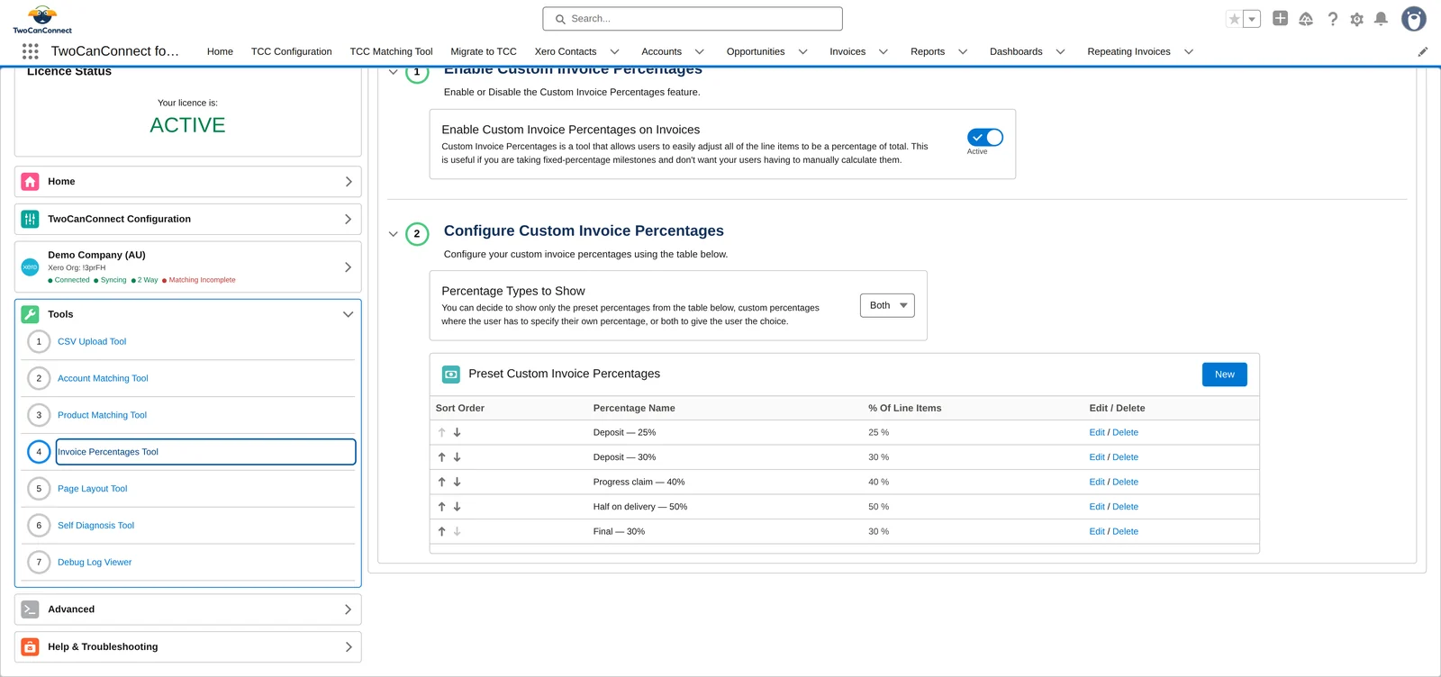 The Preset Custom Invoice Percentages table with sort arrows, a name, a percentage of line items, and Edit and Delete per row