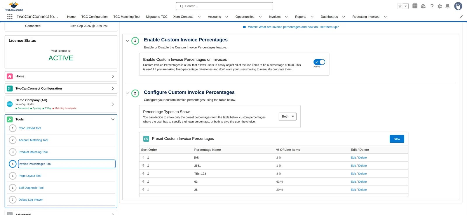 The Custom Invoice Percentages tool: step 1 Enable, step 2 Configure with Percentage Types to Show