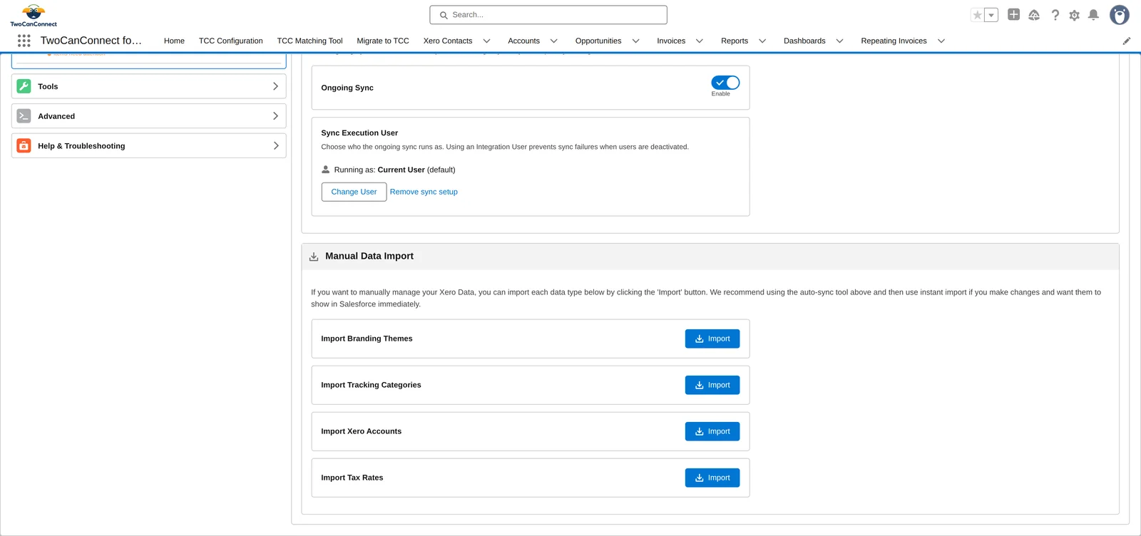 The Manual Data Import card with Import buttons for branding themes, tracking categories, Xero accounts and tax rates