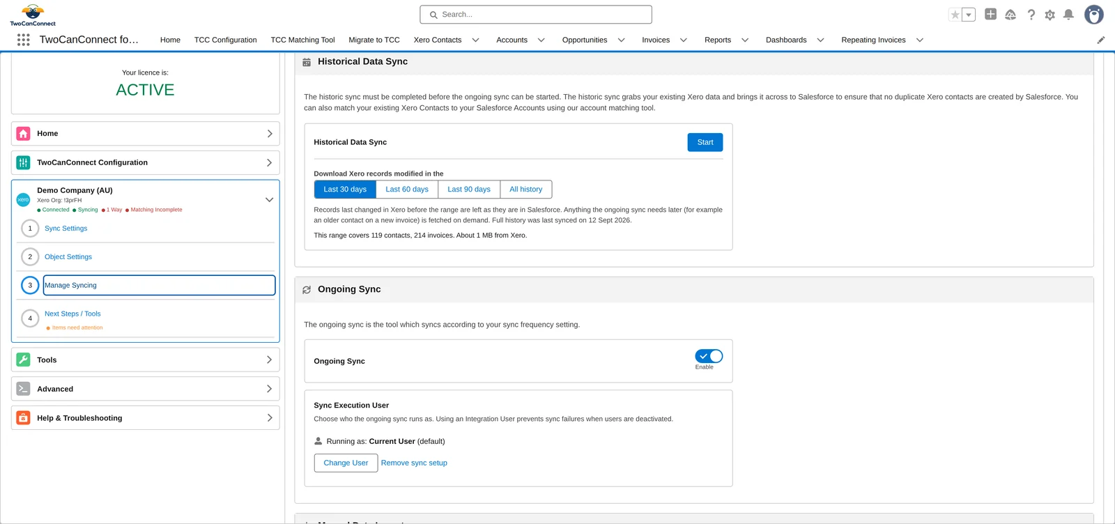The Manage Syncing screen