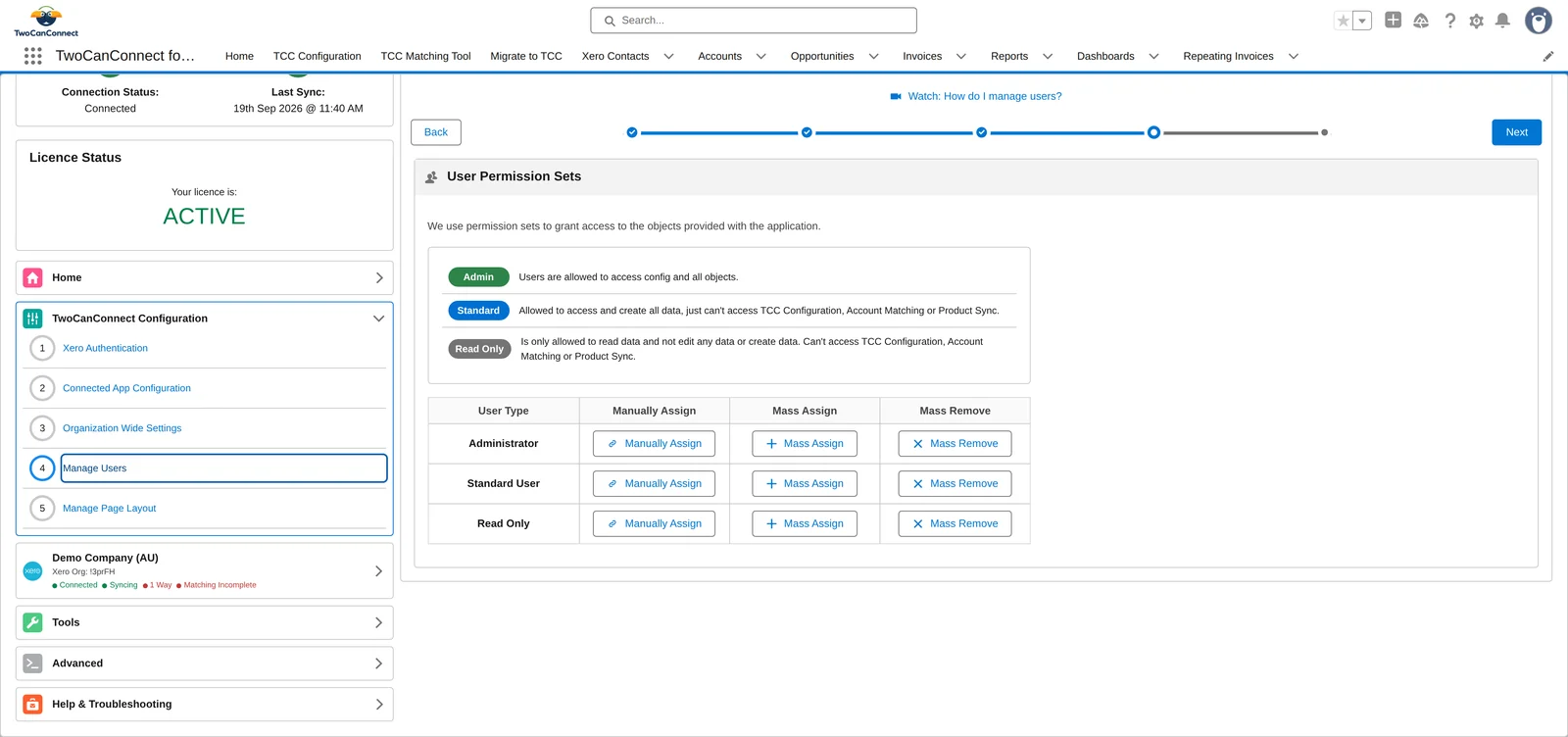 The Manage Users screen: the three permission sets described, with Manually Assign, Mass Assign and Mass Remove buttons for each
