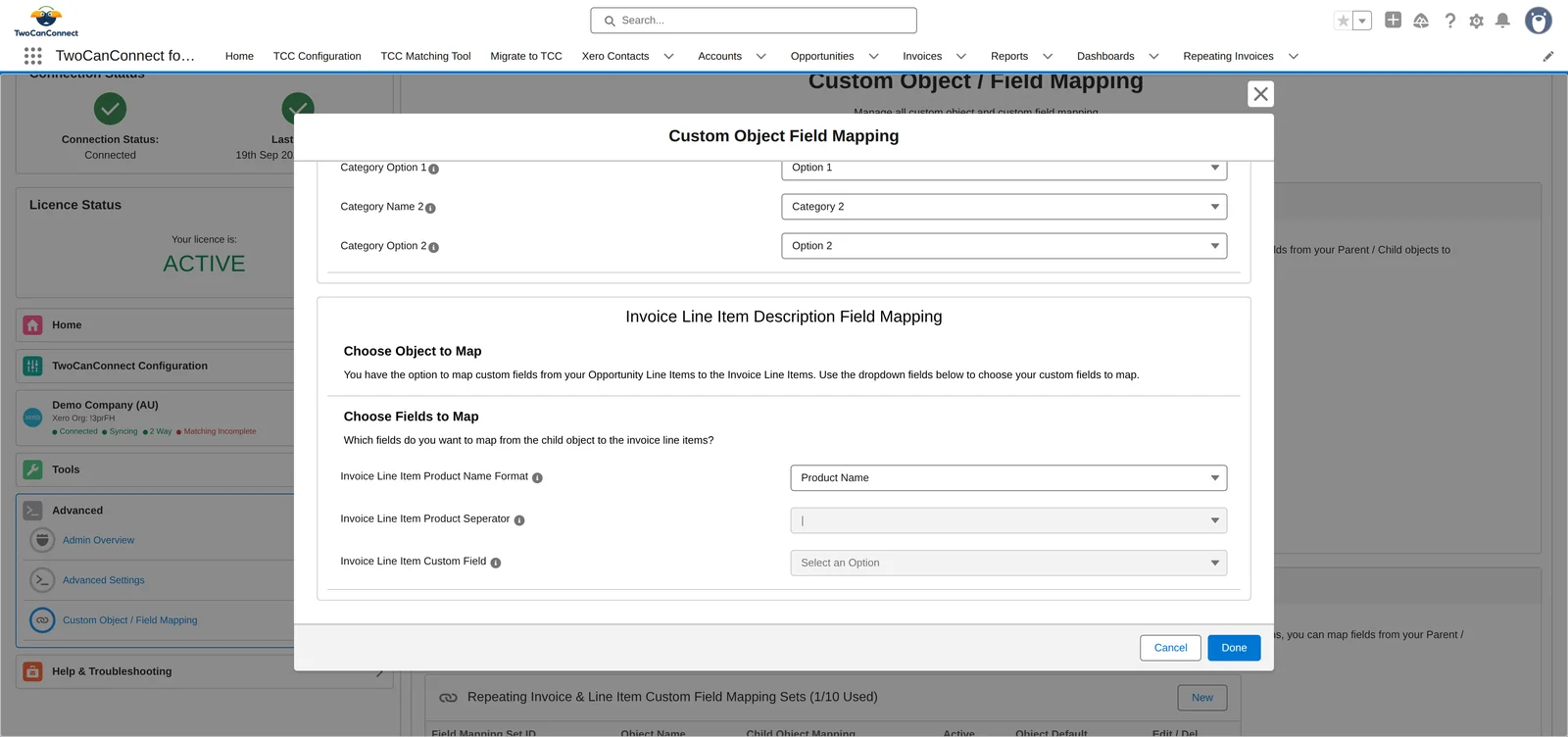 The Invoice Line Item Description Field Mapping section: Product Name Format set to Product Name, a Product Separator, and an optional custom field