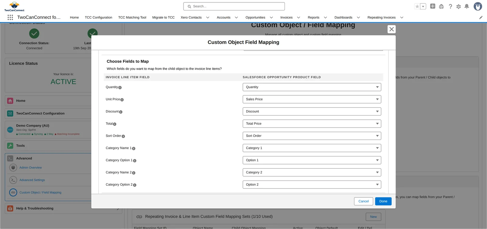 The editor's line item section: Quantity, Unit Price, Discount, Total, Sort Order, Category Name 1, Category Option 1, Category Name 2 and Category Option 2, each mapped from an Opportunity Product field