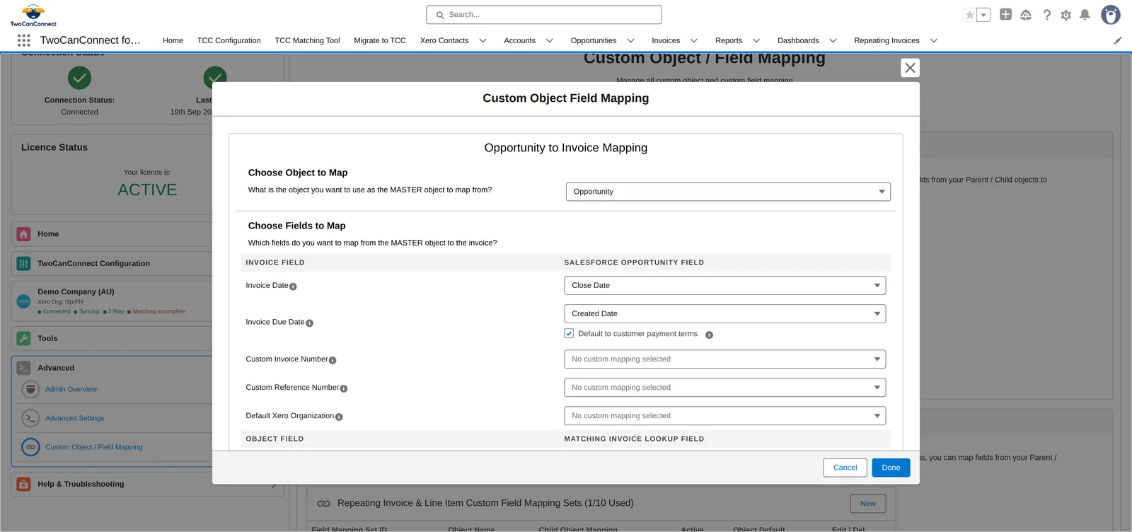 The editor's first section: Choose Object to Map set to Opportunity, then invoice-level fields — Invoice Date from Close Date, Invoice Due Date from Created Date with Default to customer payment terms ticked, and Custom Invoice Number, Custom Reference Number and Default Xero Organization unmapped