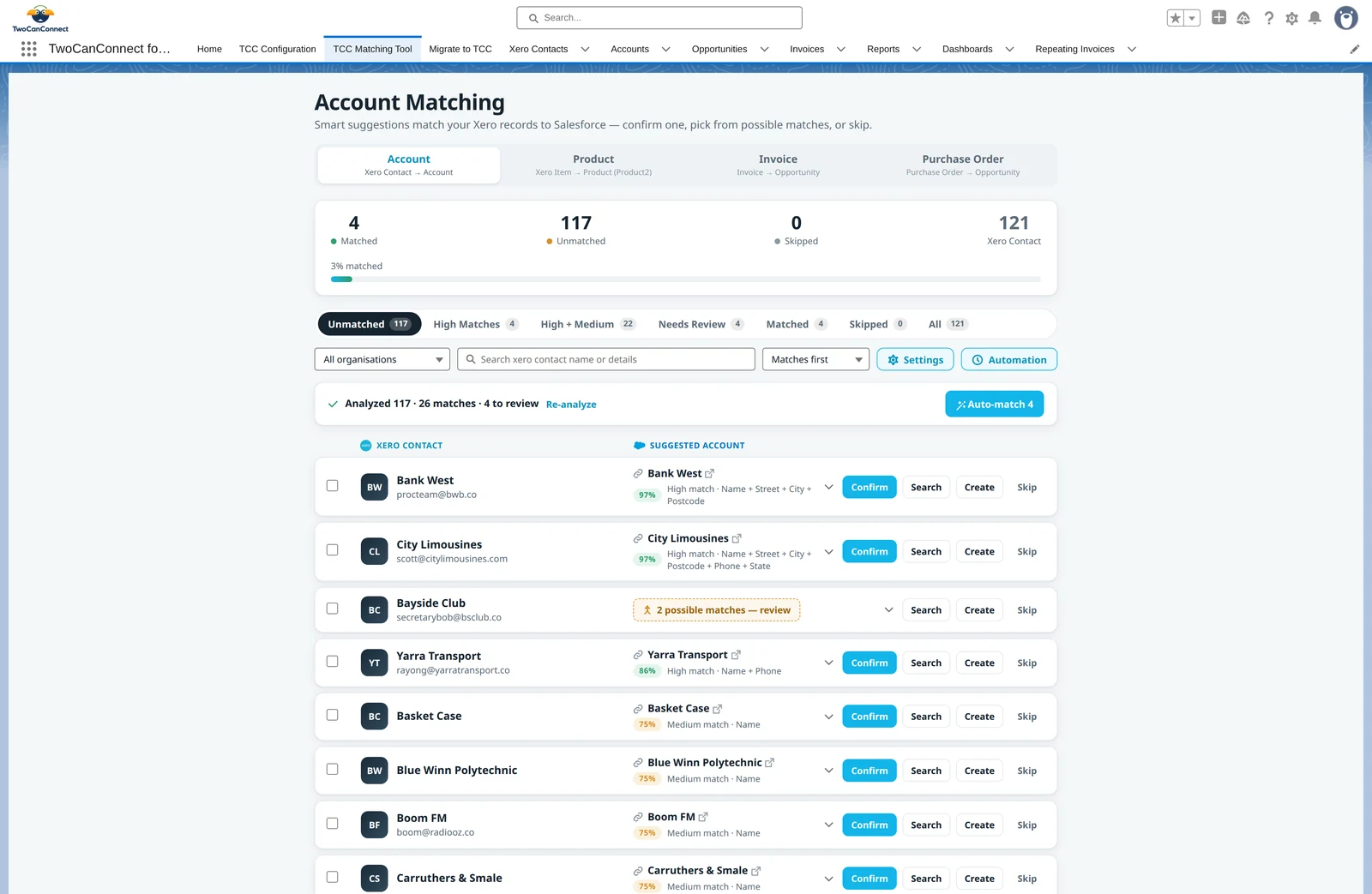 The TCC Matching Tool on the Account profile: counters, filter pills, and a list of Xero contacts each with a suggested Account and confidence badge