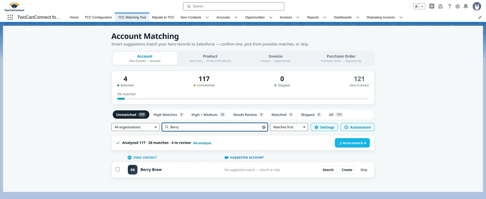 A Xero contact row with no suggested match, offering Search, Create and Skip