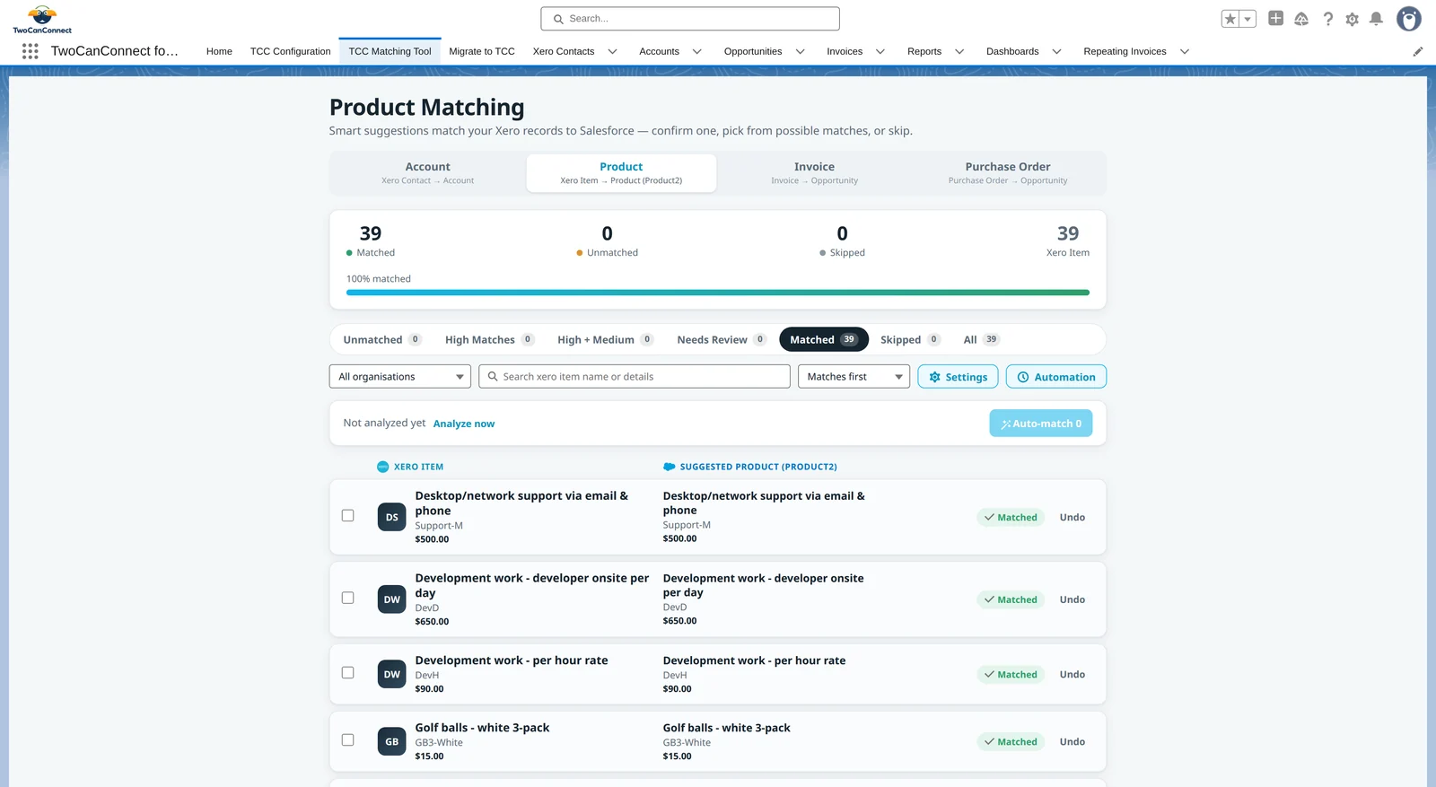 The Product profile with Xero items matched to Salesforce products, each row showing name, code and price on both sides