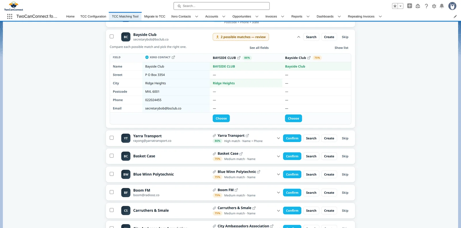 An expanded Needs Review row comparing a Xero contact against two candidate Accounts field by field, with a Choose button under each