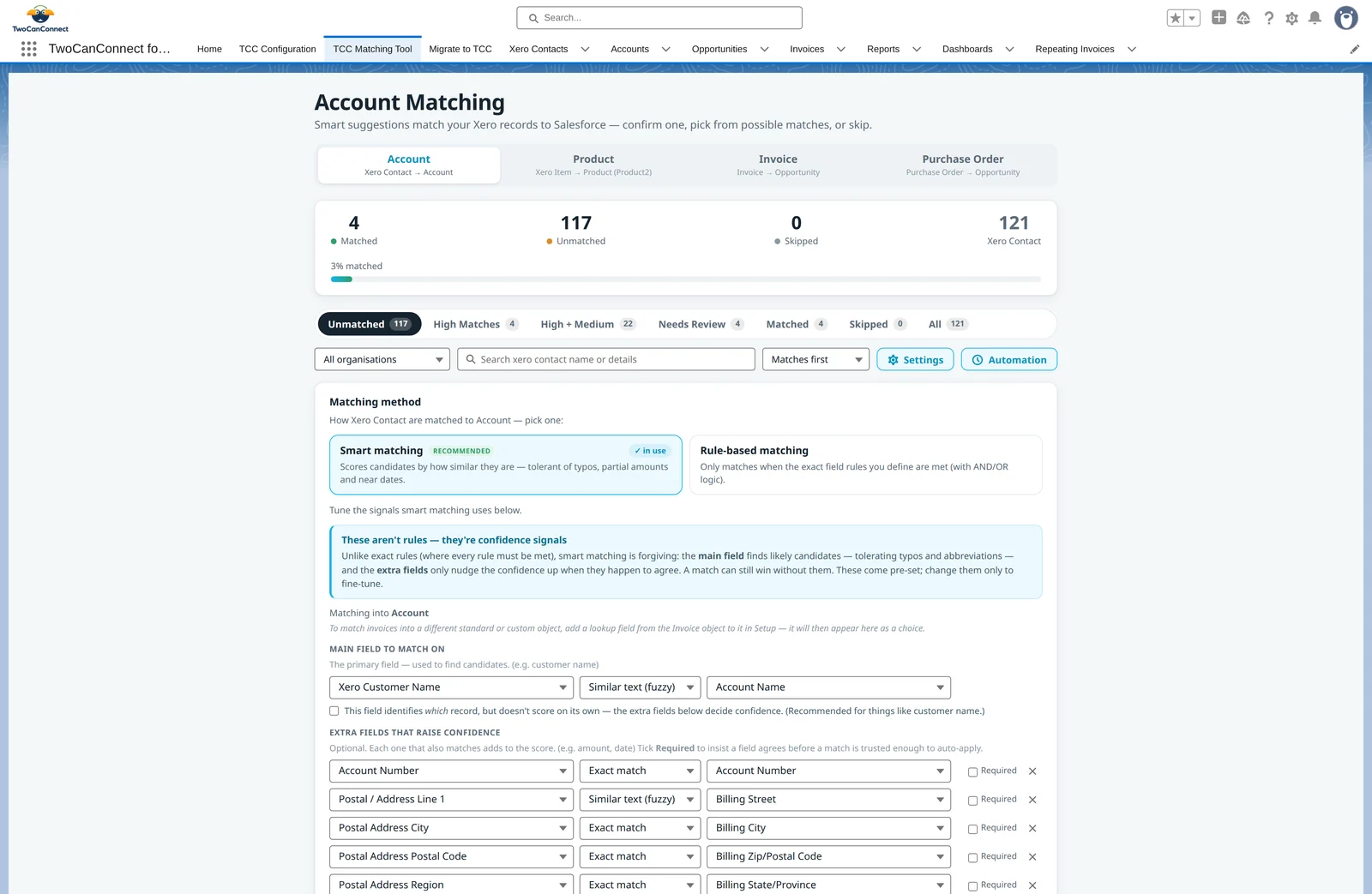 The Settings panel: Smart matching selected, with the main field to match on and the extra fields that raise confidence