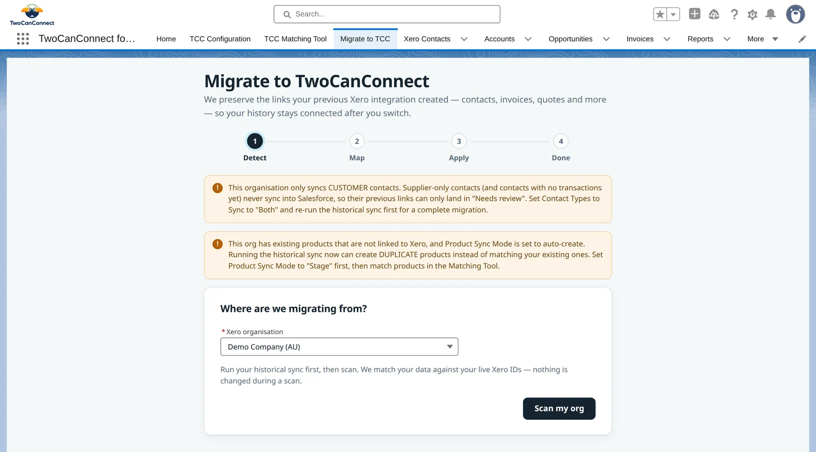 The Migrate to TwoCanConnect wizard