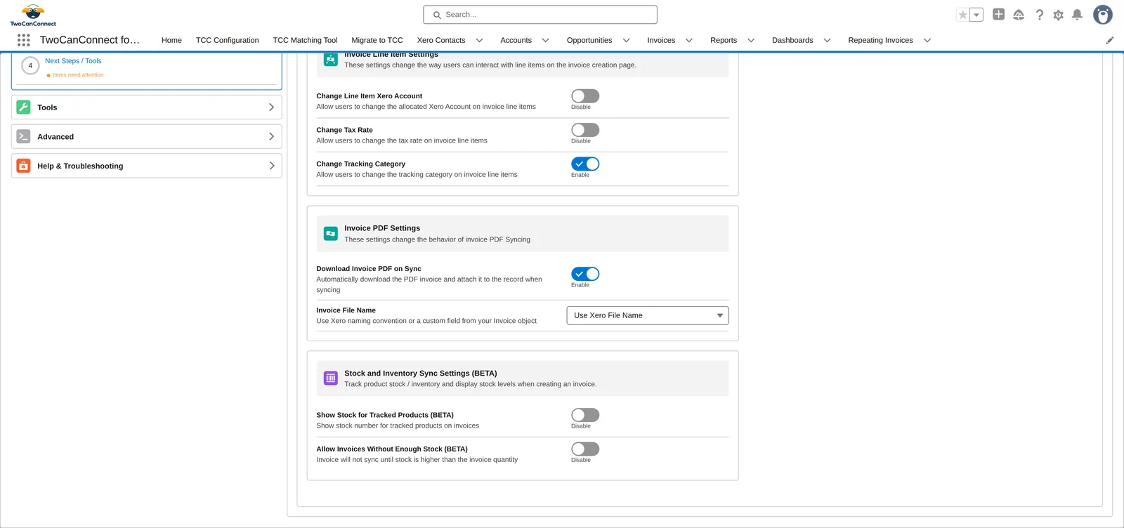Invoice PDF Settings and Stock and Inventory Sync Settings cards