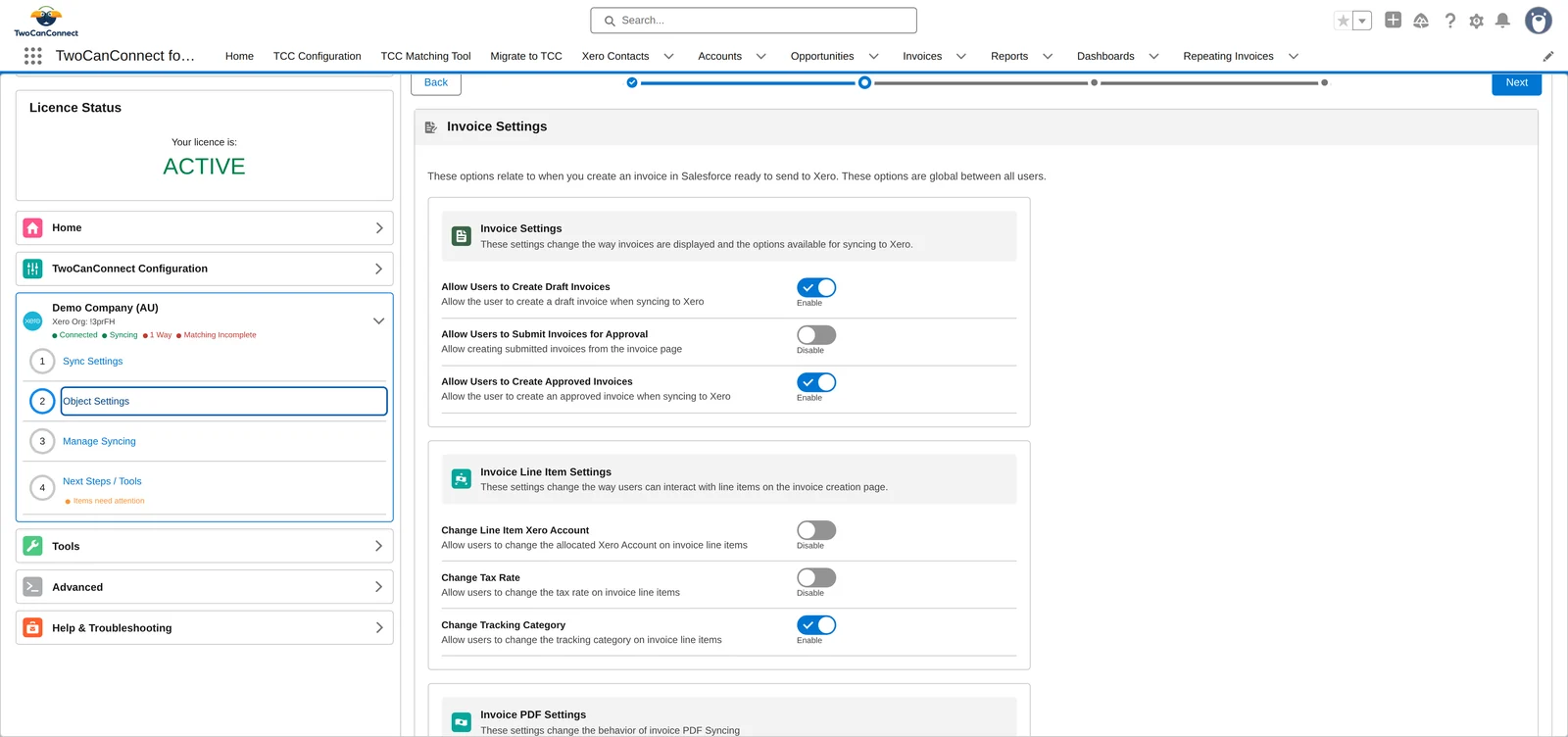 The Object Settings screen: Invoice Settings card with save-option toggles, then Invoice Line Item Settings