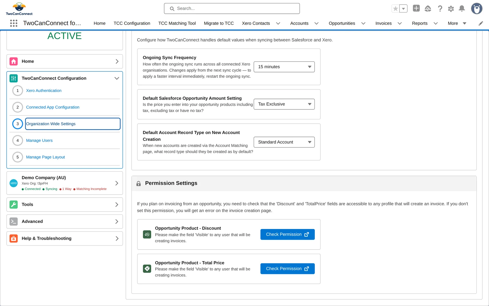 The Permission Settings card listing the Opportunity Product Discount and Total Price fields, each with a Check Permission button