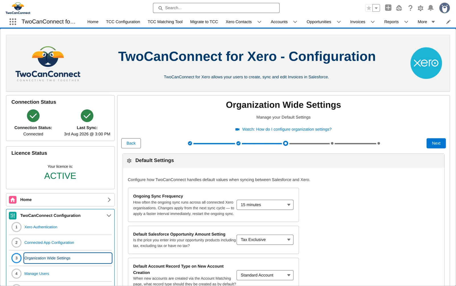 Organization Wide Settings showing sync frequency and default settings