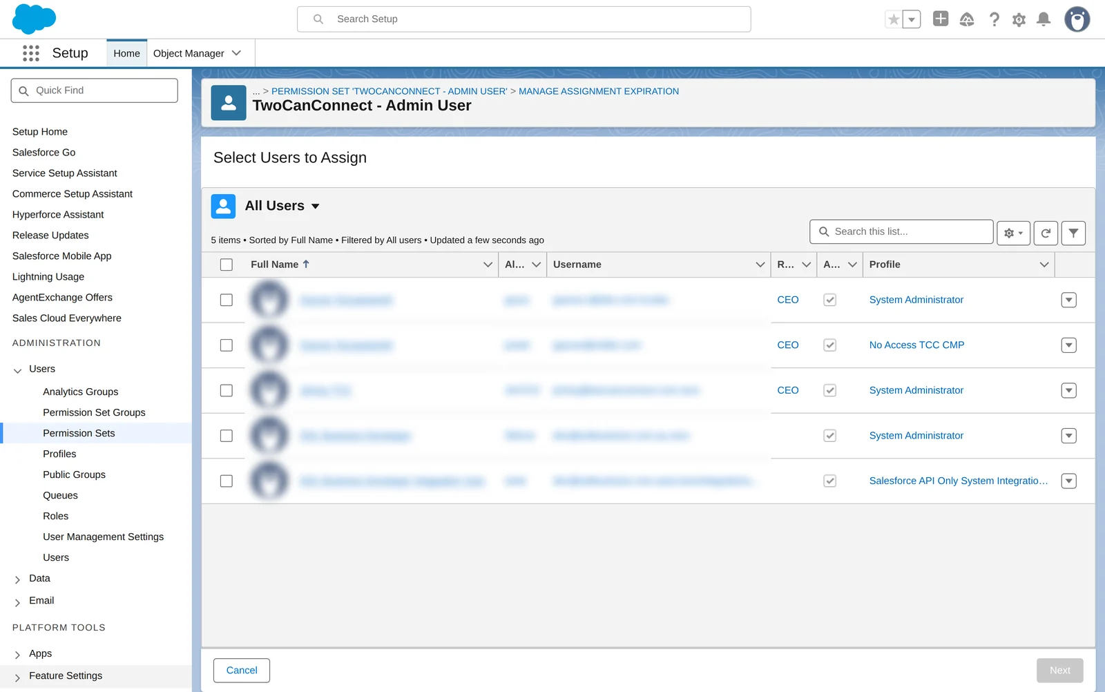 Selecting users to assign a permission set