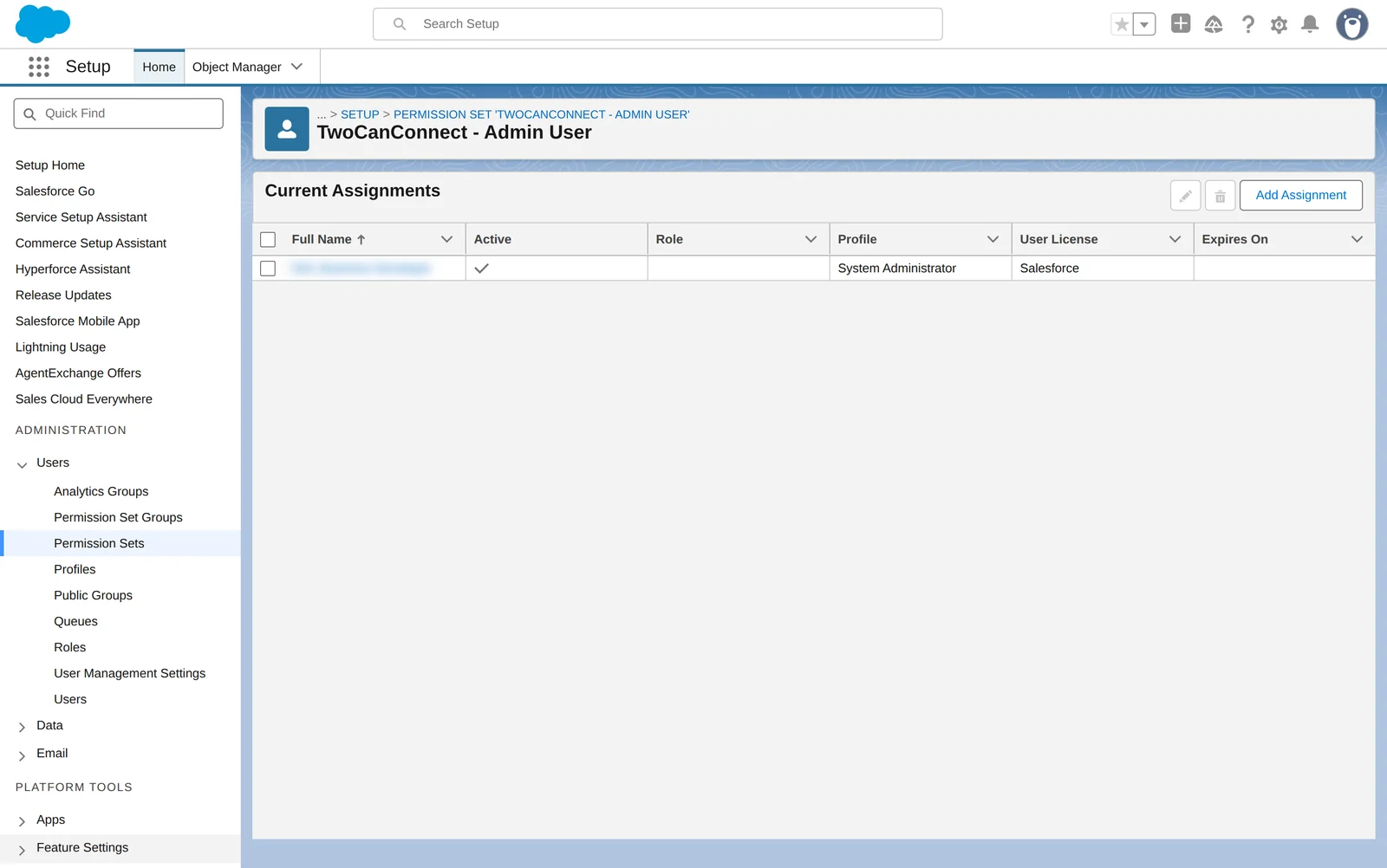 Current assignments for the admin permission set