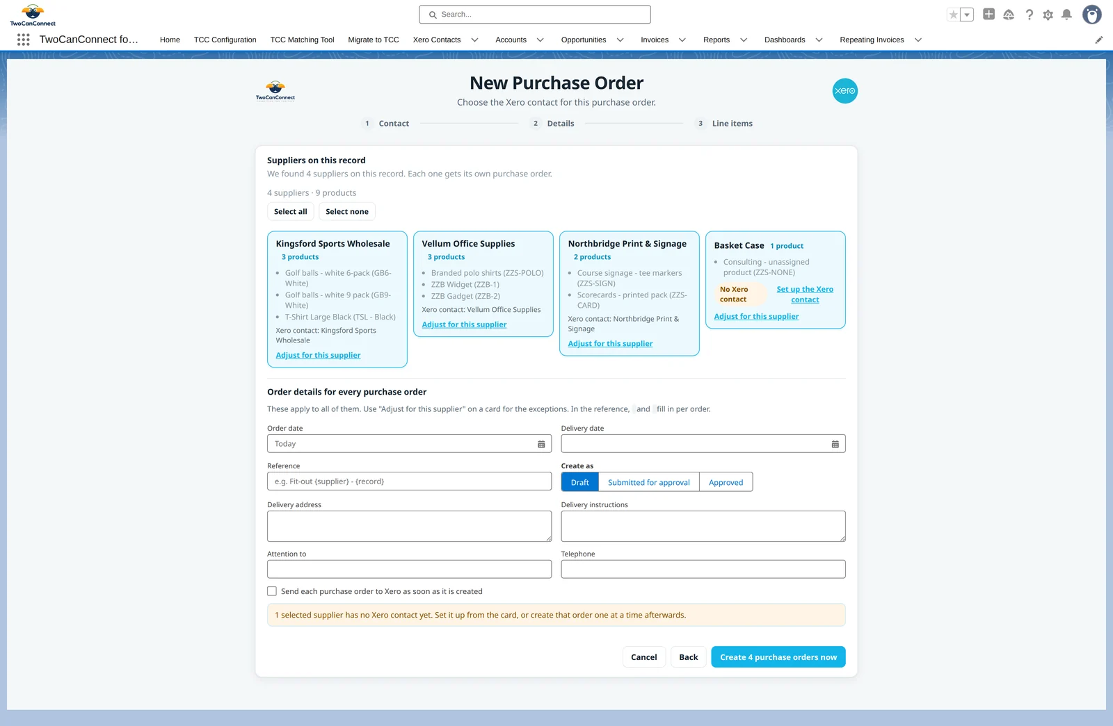 Order details for every purchase order: supplier cards with their Xero contact and Adjust for this supplier links, then shared Order date, Delivery date, Reference, Create as (Draft, Submitted for approval, Approved), Delivery address, Delivery instructions, Attention to, Telephone, a Send each purchase order to Xero checkbox, and a Create 4 purchase orders now button