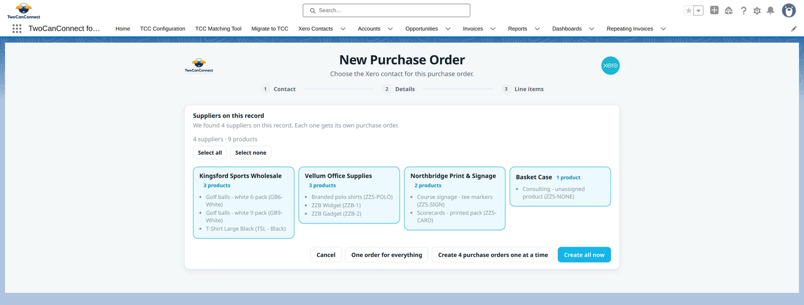 The Suppliers on this record step showing four supplier cards with their products, and buttons for One order for everything, Create 4 purchase orders one at a time, and Create all now