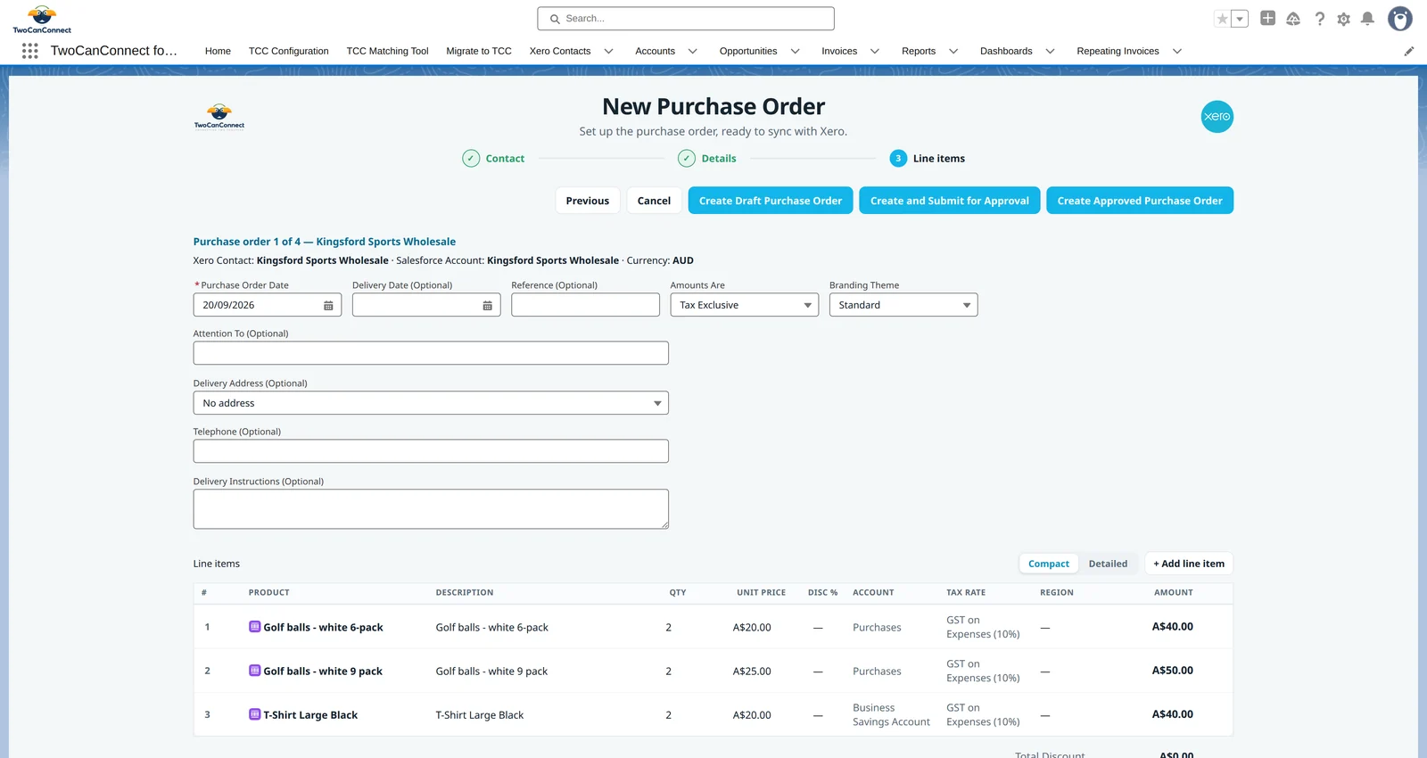 The purchase order wizard headed Purchase order 1 of 4 — Kingsford Sports Wholesale, with delivery fields and three line items priced from the purchase side