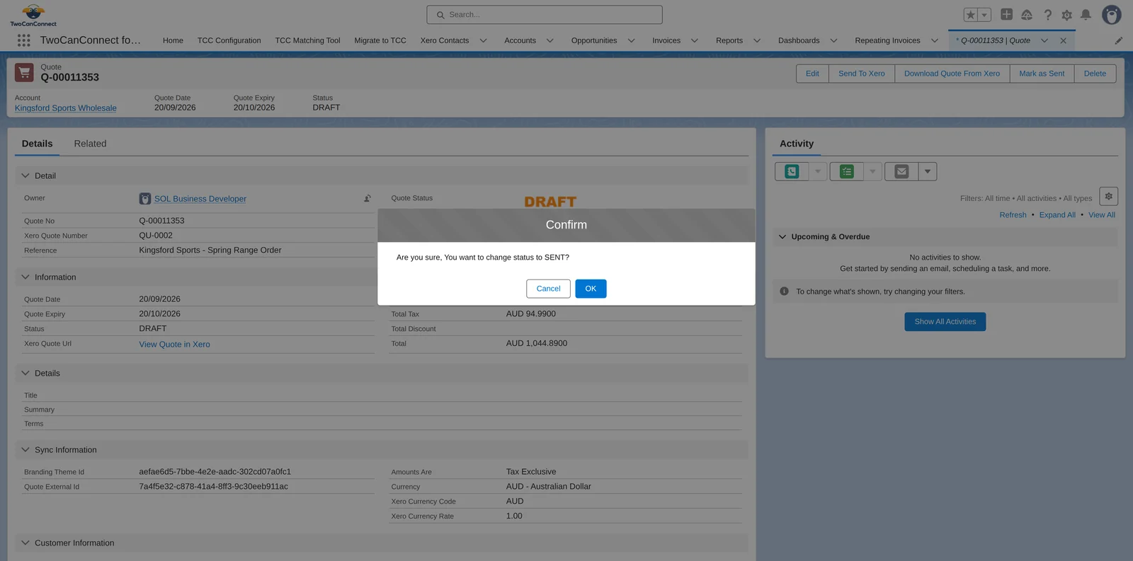 The Mark as Sent confirmation: Are you sure, You want to change status to SENT? with Cancel and OK