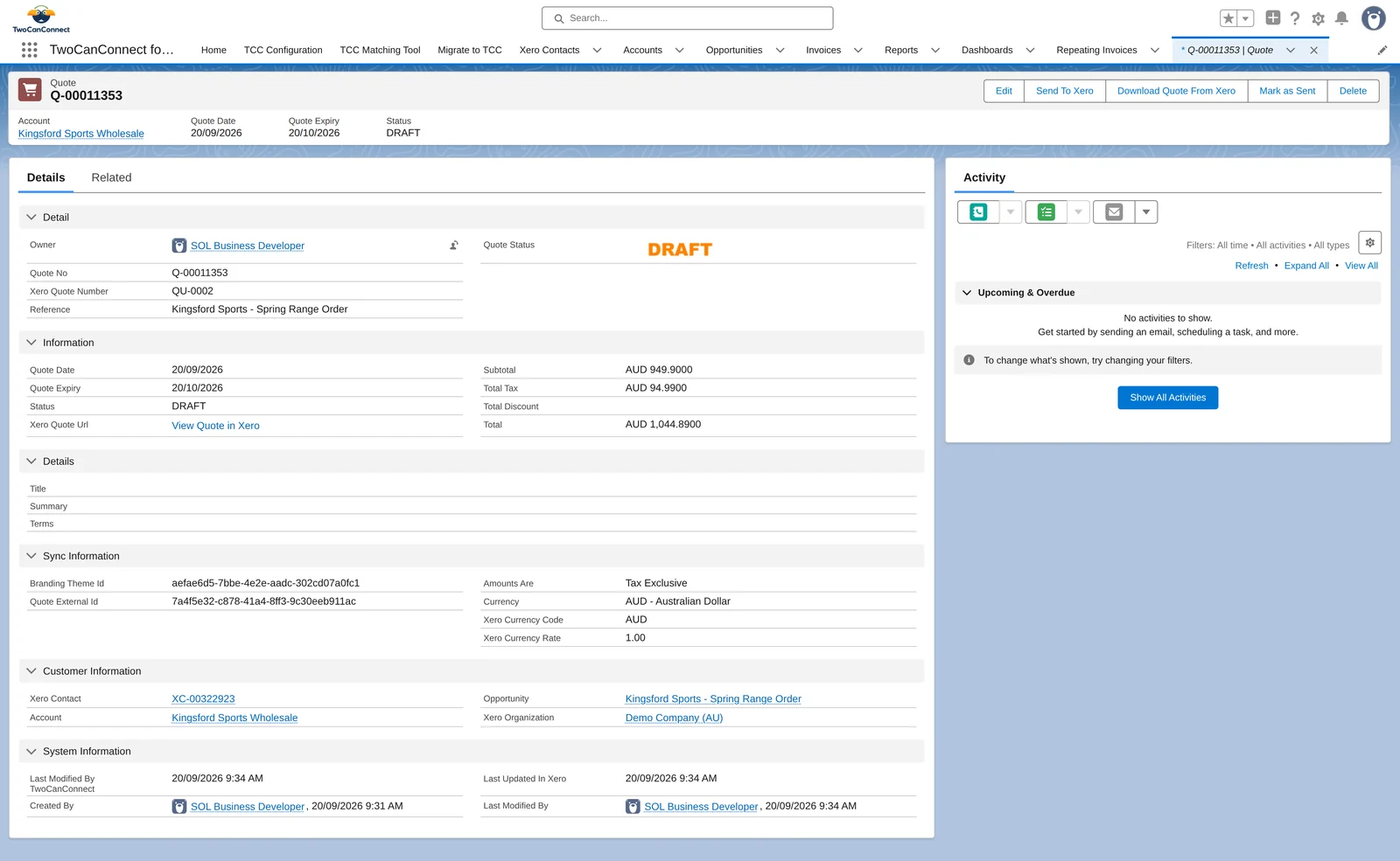 A synced Quote record: status DRAFT, Xero Quote Number QU-0002, View Quote in Xero link, and the Send To Xero, Download Quote From Xero and Mark as Sent actions